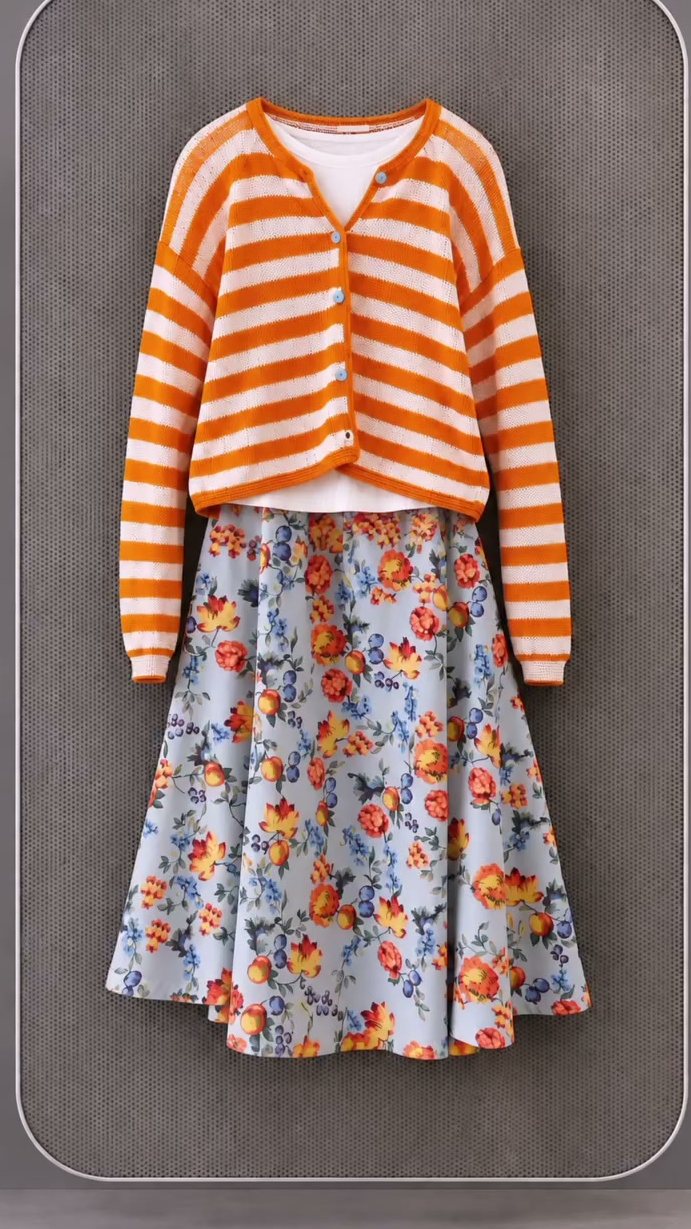 Cardigan a righe arancioni e gonna midi a fiori