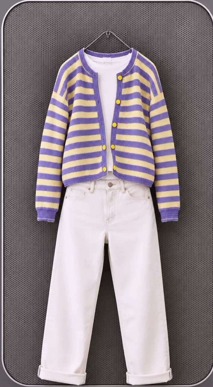 Cardigan a righe lilla e crema con t-shirt bianca e pantalone bianco