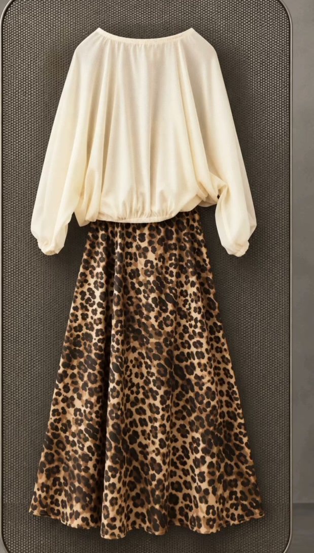 Maxi gonna animalier con blusa color panna