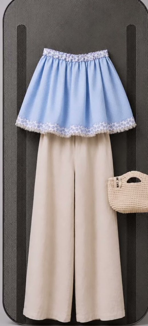 Top mini gonna double face azzurro con pantalone ampio